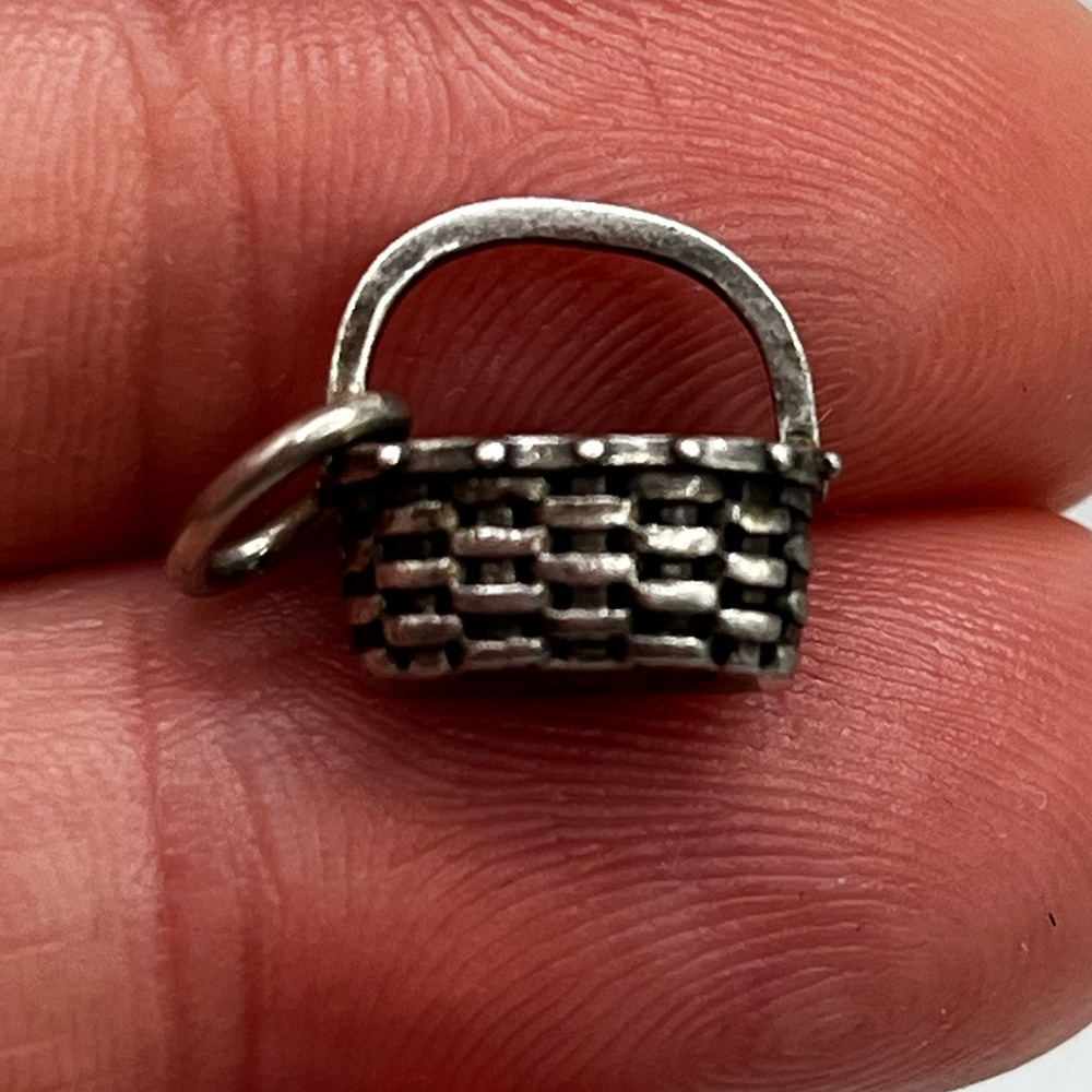 Vintage woven basket Sterling silver charm pendant